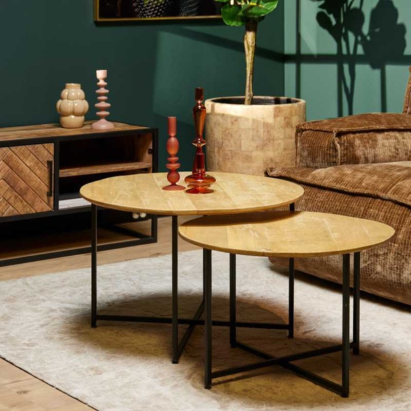 round coffee table, nesting tables, wood coffee table, living room table, side table set, brand awareness, lifestyle, calm, luxurious, brown, neutral, green